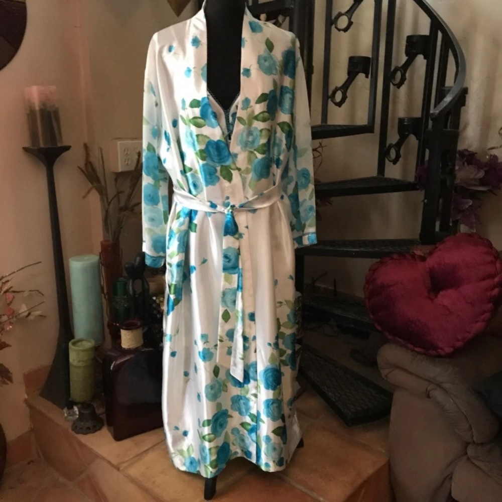 Vintage Satin Green Blue Floral Long Slip Dress Nightgown Robe - Picture 5 of 7